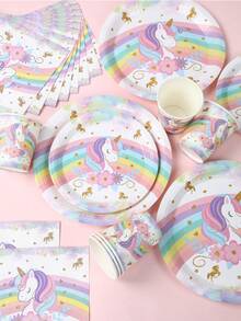 Set 8 veselă decorativă de unică folosință cu tematică de unicorn, 8 farfurii de hârtie de unică folosință de 7 inch și 9 inch, 8 pahare de hârtie, 16 șervețele, tacâmuri de hârtie potrivite pentru petreceri în familie, veselă în stil unicorn curcubeu, provizii de ziua de naștere.