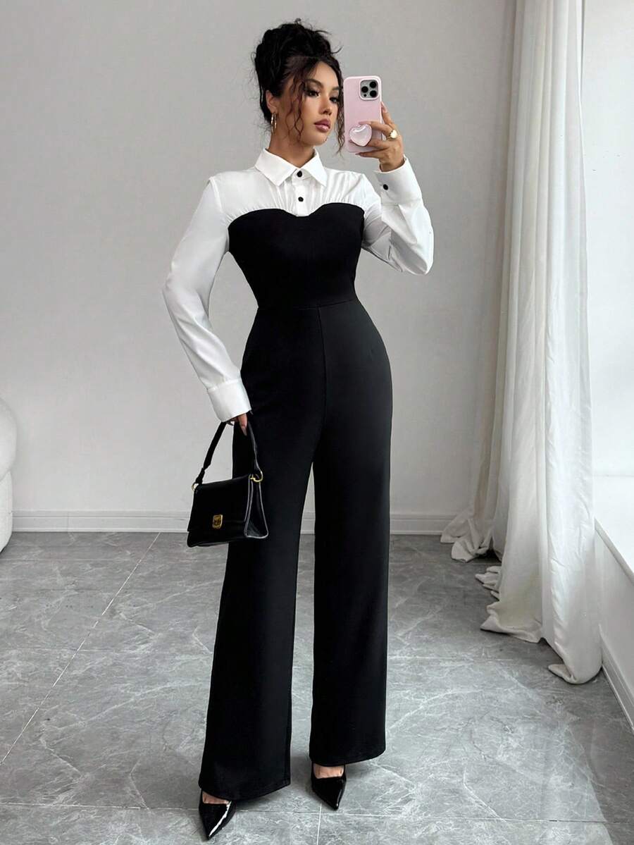 Rafferiza 女士休闲通勤黑白撞色宽松阔腿二合一连体裤，春秋季 - 黑與白 - 查看 1