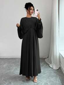Elenzga 女士优雅简约高端休闲连衣裙，适合办公室、通勤、海滩、音乐节、下午茶、德比、帆船赛，纯色圆领二合一腰部荷叶边褶皱蝙蝠袖 A 字长裙，春夏秋季女士服装 - 黑色 - 查看 7