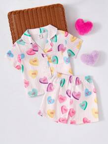 女童休闲条纹心形印花开衫短袖上衣和短裤套装，仿阻燃家居服