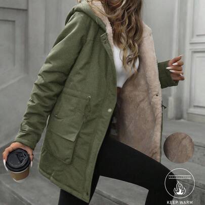 Cappotto invernale casual e versatile con cappuccio, chiusura lampo, coulisse in vita e imbottitura