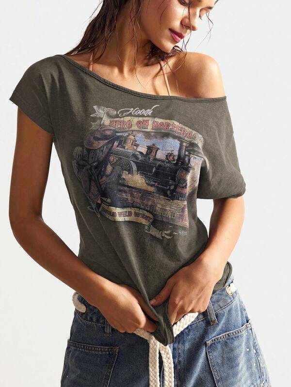 Bohemela 音乐节休闲纯色针织不对称肩短袖T恤女款