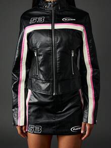 Missguided x Playboy Racing Moto Biker Jacket Y2K Fashion Faux Leather Streetwear Racing Zip Up Crop Bomber Retro 90s Style - Black - View 4