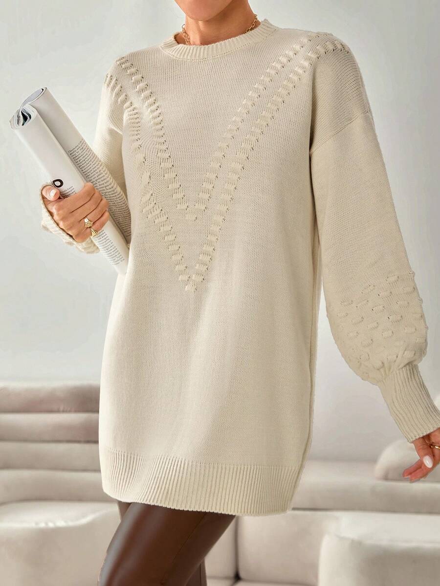 EURMUSE Textured Puff Sleeve Cream Knit Dress With V-Pattern Front Detailing,Jumper,Jumpers For Women,Jumpers,Christmas Jumper,White Jumper,Black Jumper,Ladies Jumper,Women's Jumpers - Beige - View 1