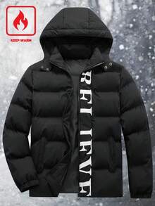 Manfinity Homme Plus Size Men's Zipper Hooded Long-Sleeved Printed Quilted Jacket, Black Thickened Loose Jacket, Versatile Clothing For Autumn And Winter, Fashionable Design With English Print On The Placket, Elastic Cuffs, Suitable For Daily Casual Wear, Weekend Outings, Outdoor Activities, Travel And Relaxed Work Environment, Business Trip, It Is An Ideal Gift For Your Boyfriend Or Husband. Puffy Jacket Men Bubble Coat Men Men Winter Clothes Men Outerwear Jacket For Man - Black - View 1