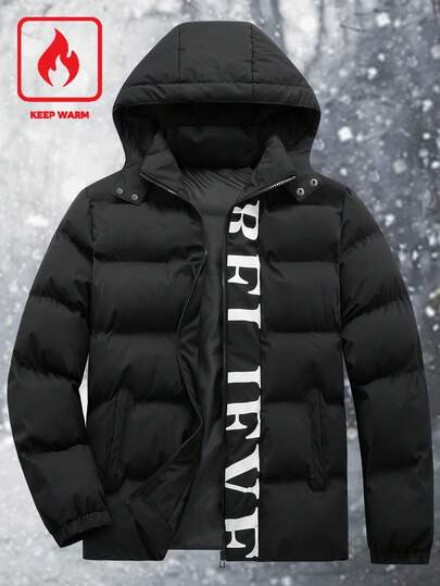 Manfinity Homme Plus Size Men's Zipper Hooded Long-Sleeved Printed Quilted Jacket, Black Thickened Loose Jacket, Versatile Clothing For Autumn And Winter, Fashionable Design With English Print On The Placket, Elastic Cuffs, Suitable For Daily Casual Wear, Weekend Outings, Outdoor Activities, Travel And Relaxed Work Environment, Business Trip, It Is An Ideal Gift For Your Boyfriend Or Husband. Puffy Jacket Men Bubble Coat Men Men Winter Clothes Men Outerwear Jacket For Man