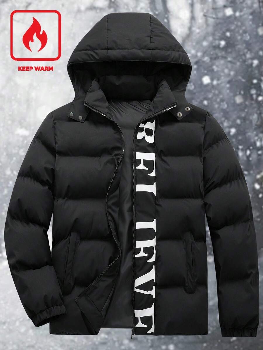 Manfinity Homme Plus Size Men's Zipper Hooded Long-Sleeved Printed Quilted Jacket, Black Thickened Loose Jacket, Versatile Clothing For Autumn And Winter, Fashionable Design With English Print On The Placket, Elastic Cuffs, Suitable For Daily Casual Wear, Weekend Outings, Outdoor Activities, Travel And Relaxed Work Environment, Business Trip, It Is An Ideal Gift For Your Boyfriend Or Husband. Puffy Jacket Men Bubble Coat Men Men Winter Clothes Men Outerwear Jacket For Man - Black - View 1