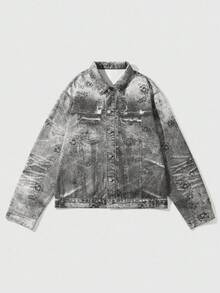 ROMWE MEN Grunge Punk Men's Vintage Washed Long Sleeve Single-Breasted Loose Denim Jacket, Autumn - Black - View 1