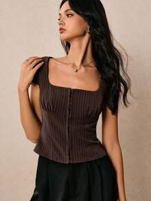 Poéselle Áo nữ Áo sọc Áo sơ mi tay ngắn Áo sơ mi nữ Áo crop top Áo thun nữ mùa hè thường ngày Áo thun kẻ sọc ôm vừa vặn Áo thun đồng quê Buổi hòa nhạc Buổi hòa nhạc Phụ nữ Sinh nhật Đường phố Lễ hội - màu nâu - Xem 6