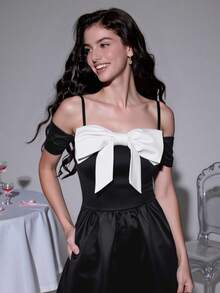 SHEIN MOD Damen Farbblock Off-Shoulder elegantes Kleid mit Schleifendekor in Mittellänge