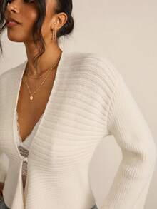 SHEIN VCAY Plus Size Women Solid Color Drop Shoulder Long Sleeve Single-Breasted Casual Knit Cardigan, Autumn - Beige - View 2