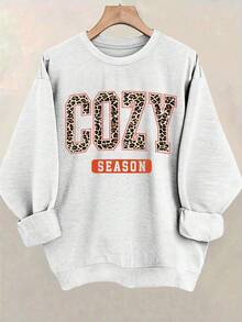 EMERY ROSE Sweatshirt Leher Bulat Motif Leopard yang Nyaman untuk Wanita Ukuran Plus dan Pullover Longgar dengan Cetakan Huruf untuk Musim Gugur/Musim Dingin/Halloween - Light Grey - View 1