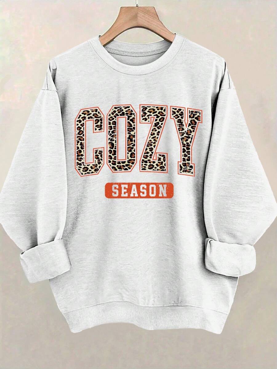 EMERY ROSE Sweatshirt Leher Bulat Motif Leopard yang Nyaman untuk Wanita Ukuran Plus dan Pullover Longgar dengan Cetakan Huruf untuk Musim Gugur/Musim Dingin/Halloween - Light Grey - View 1