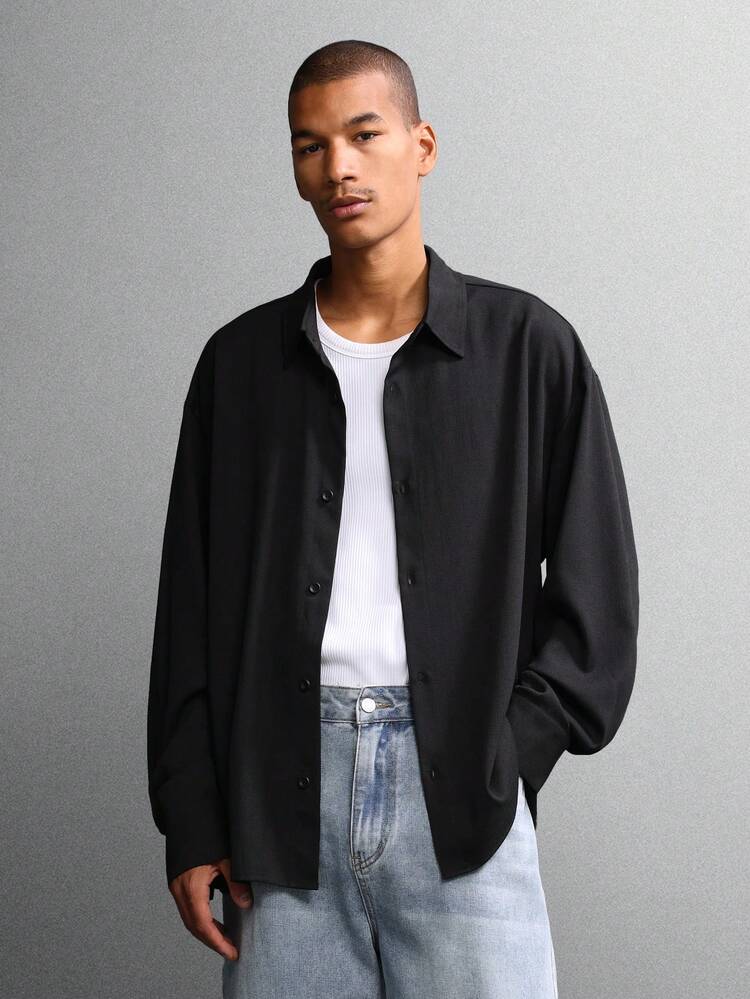 Oversized Black Button Down Shirt With Classic Collar
