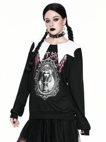 ROMWE Cute Mischievous Gothic Halloween Bat Shaped Collar Bride Print Loose Fleece Pullover Sweatshirt For Women - Black - View 4