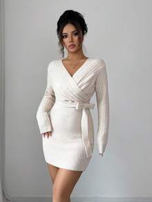 Elenzga Vestido de punto elegante de manga larga con escote en V profundo y lazo para mujer - Albaricoque - Ver 1