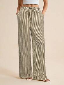 SHEIN Tall Calças listradas femininas com ajuste solto e cordão Calças listradas Calças listradas de perna larga Calças de perna larga Calças femininas de perna larga Calças de verão, outono