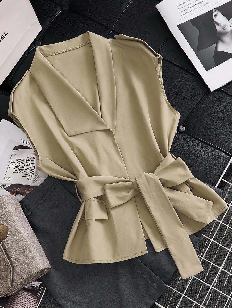 Lunelith SHEIN Lunessa Abrigo de mujer tipo trinchera vintage francés de diseño único, cuello en V, cintura con lazo, corte holgado, para primavera/otoño