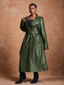 Slaydiva Autumn/Winter New Arrivals, Suitable For Easter, Western, Beach, Bohemian, Boho, Festival, Vintage, Country Music, Outdoor, Fairy, Holiday, Airport, Western, Tropical Vacation Styles, Spring/Summer Green Trench Coat Plus Size Trench Coat Faux Leather Trench Coat Women Trench Coat Long Green Coat Fall - Green - View 10