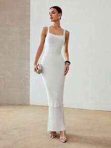 MOTF PREMIUM 纯色方领鱼尾下摆修身毛衣裙 - 白色 - 查看 2