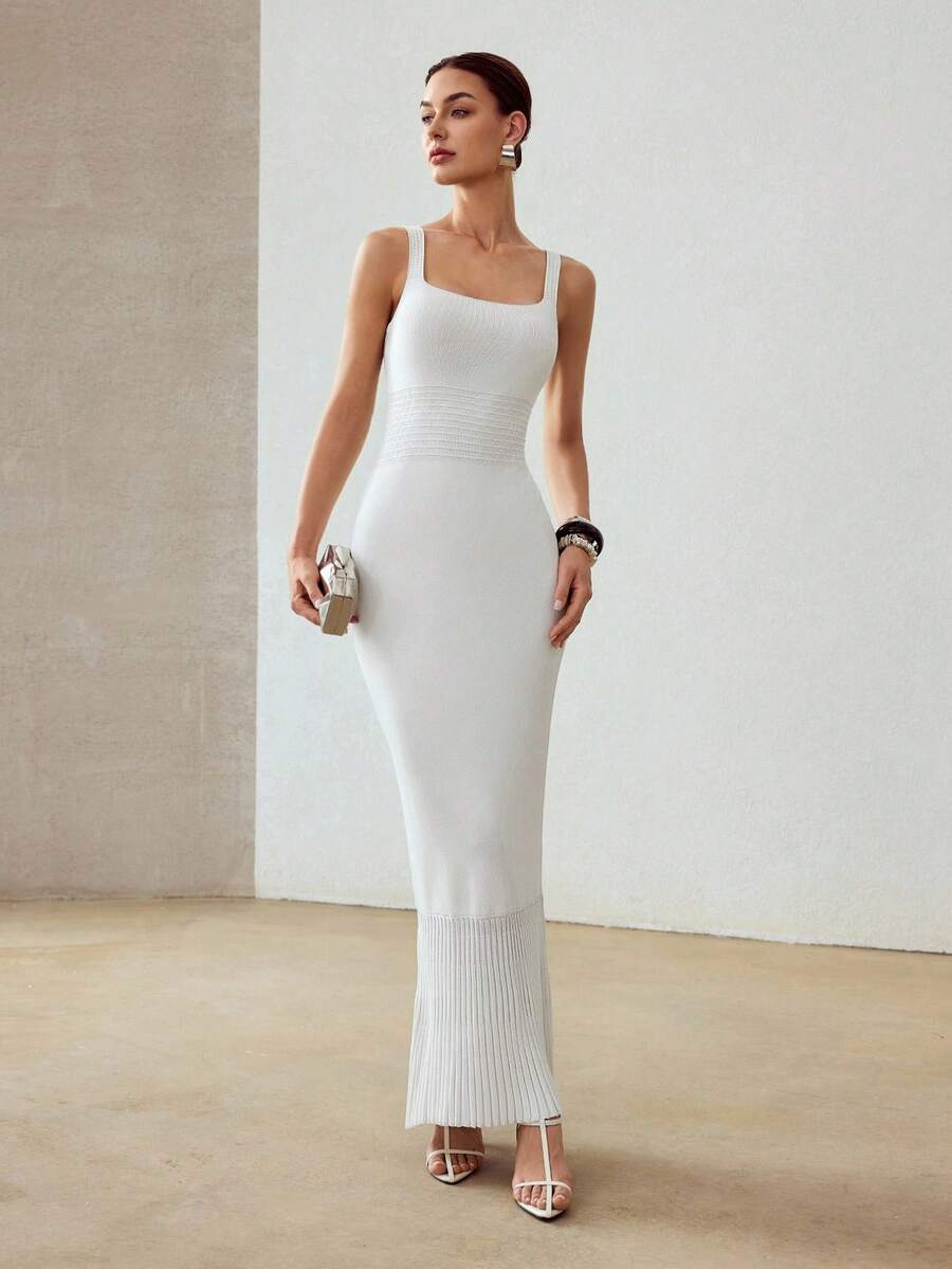 MOTF PREMIUM 纯色方领鱼尾下摆修身毛衣裙