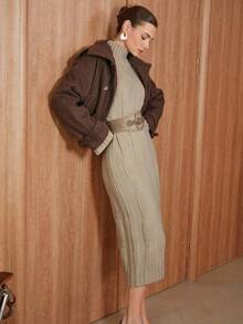 Uhlyne Women's Elegant Casual High Neck Solid Color Vintage Cable Knit Dress, Autumn/Winter - Apricot - View 6