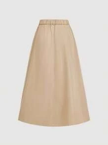 SHEIN MOD 女士休闲通勤褶皱高腰双排扣卡其色半身裙 - 卡其色 - 查看 3