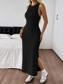 SHEIN EZwear 女式黑色针织露背紧身无袖连衣裙 - 黑色 - 查看 3