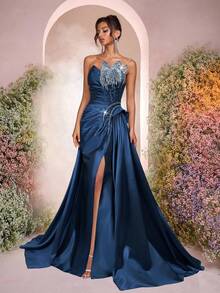 Glamrae 优雅串珠花卉设计露肩美人鱼长裙，喇叭下摆，适合婚礼、派对、度假、庆典、正式活动（重度装饰） - 藏蓝色 - 查看 5