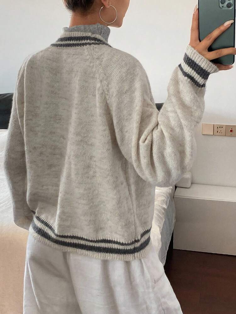 Contrast Stripe Loose Long Sleeve V-Neck Floral Mesh Knit Cardigan, Casual Retro For Women In Autumn