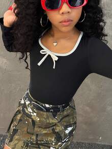 Coolane Kids 少女芭蕾舞风格蝴蝶结修身T恤，简约时尚休闲日常款，适合秋冬季、万圣节、圣诞节、派对、生日等场合，可爱又时髦，Y2K风格 - 黑色 - 查看 3