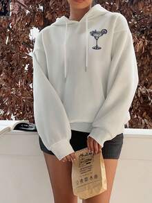 Attitoon Casual Minimalist Cocktail & Letter Print Loose Fit Thick Sweatshirt For Women, Suitable For Street Style, Outdoor Wear, Autumn/Winter, Fall - White - View 5