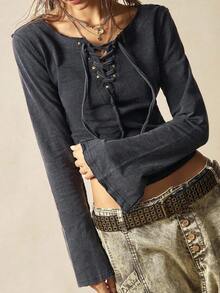 Bohemela 1 件女式休闲纯色针织长袖修身水洗 T 恤 - 黑色 - 查看 3