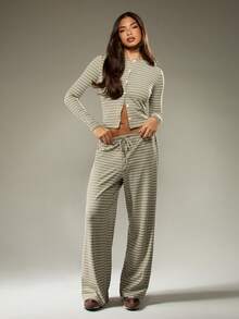 MISSGUIDED Sophisticated Striped Co-Ord Set Long Sleeve Button Front Crop Top Wide Leg Palazzo Pants Set Fall Winter Casual Loungewear Outfit - Multicolor - View 5