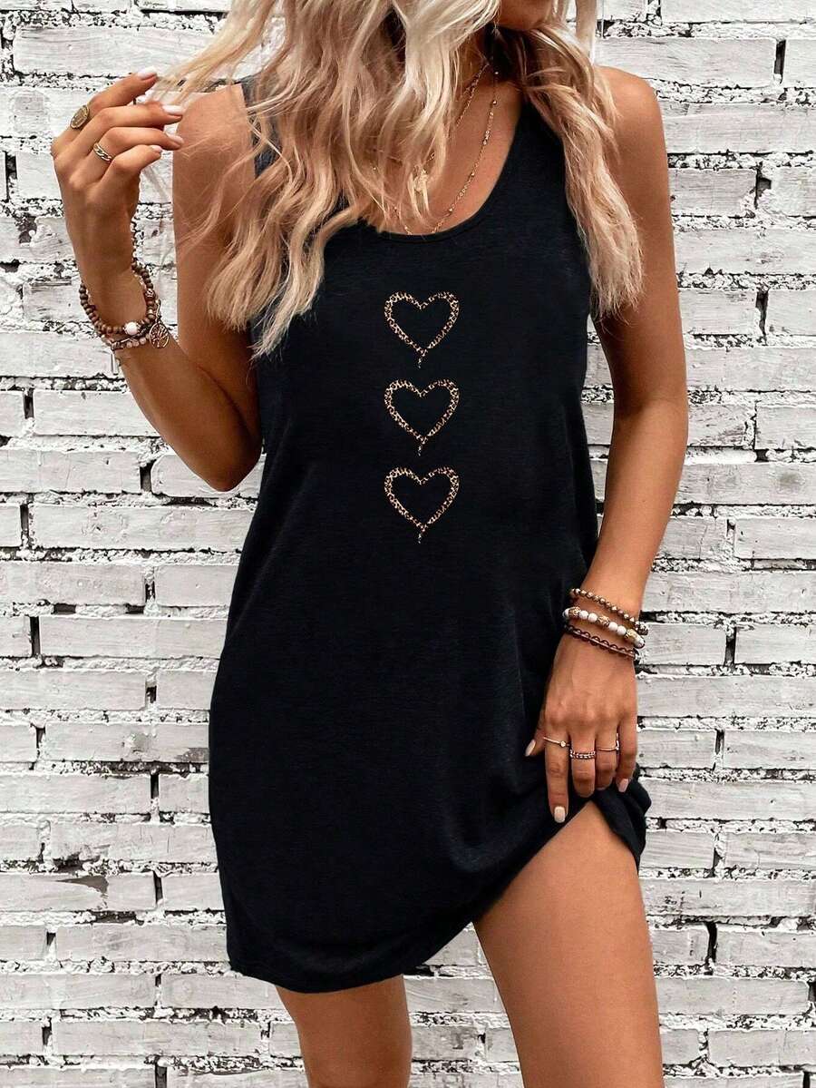 SHEIN LUNE 休闲简约豹纹心形图案女式吊带背心连衣裙，适合夏季