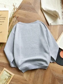 INAWLY 女式卡通猫和南瓜万圣节刺绣图案圆领长袖休闲运动衫 - 灰色 - 查看 2