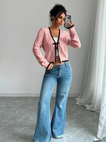 Chiquease French Casual Versatile Diamond Textured Long Sleeve Pullover Knit Fall Winter Cloth For Women - Watermelon Pink - View 6