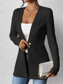 EMERY ROSE Women's Casual Textured Unlined Collarless Lightweight Long Sleeve Blazer - Black - View 5