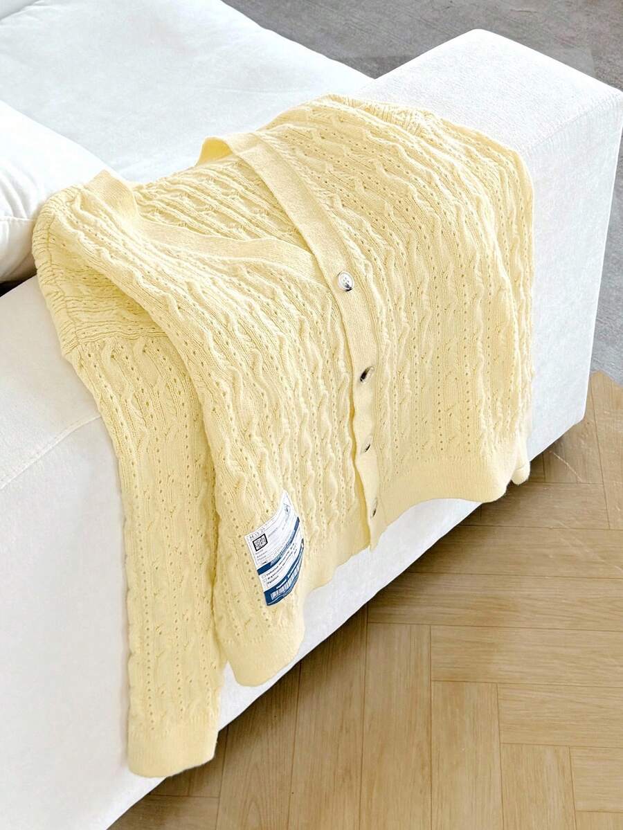 Manfinity VCAY Men's Fashionable Casual Cardigan With Letter & Cable Pattern, Drop Shoulder, Long Sleeve, Autumn, Cable Knit, For Fall Winter - Yellow - View 1