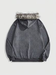 ROMWE MEN Goth Men's Autumn Cross Print Zip-Up Patchwork Faux Fur Hooded Casual Sweatshirt