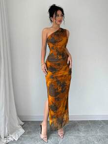 Elenzga Váy dạ hội sang trọng dành cho nữ, cổ lệch in họa tiết tie-dye, không tay gợi cảm - màu nâu - Xem 6
