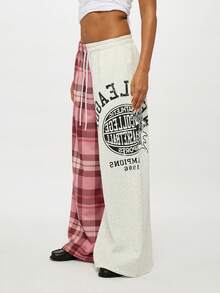 SUMWON WOMEN Pantalón de chándal con estampado de cuadros de colores en bloque, gráficos de estilo universitario y cintura con cordón para comodidad casual - Multicolor - Ver 6