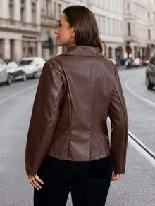 SHEIN Clasi 大码女式休闲时尚长袖拉链PU皮夹克秋季款 - 咖啡棕 - 查看 2