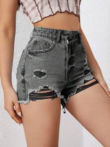 SHEIN ICON 女式不对称腰部口袋做旧休闲牛仔短裤 - 灰色 - 查看 5