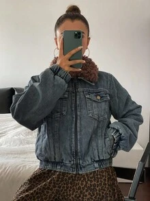 DAZY Chaqueta casual de invierno con cremallera y cuello de peluche para mujer - Azul - Ver 7