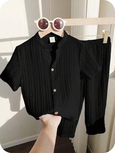 SHEIN 2-Pack Young Boy Black Casual Sports College Vacation With Textured Fabric Stand-Up Collar Shirt And Trousers, Back To School, Suitable For Birthday Parties, Evening Parties, Performances, Weddings, Baptisms, Opening Ceremonies Daily Suitable For Daily Use Suitable For School Suitable For Travel Suitable For Sports Suitable For Spring And Summer Seasons