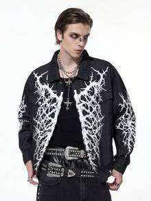 ROMWE MEN Goth 男士短款牛仔夹克，复古街头风格 - 黑色 - 查看 1