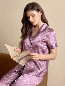 EverLounge 女士有领短袖睡衣套装 - 紫色 - 查看 4