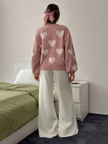 EURMUSE Damen Herzenmuster Rundhals Lässig Langarm Pullover und Strickjacke Hose 2-teiliges Set