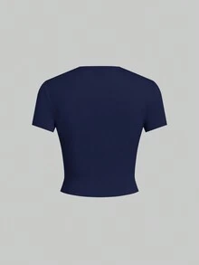 SHEIN EZwear 5 peças/pacote Camisetas Básicas de Manga Curta Slim Fit de Cor Sólida - Azul Marinho - Visão 14